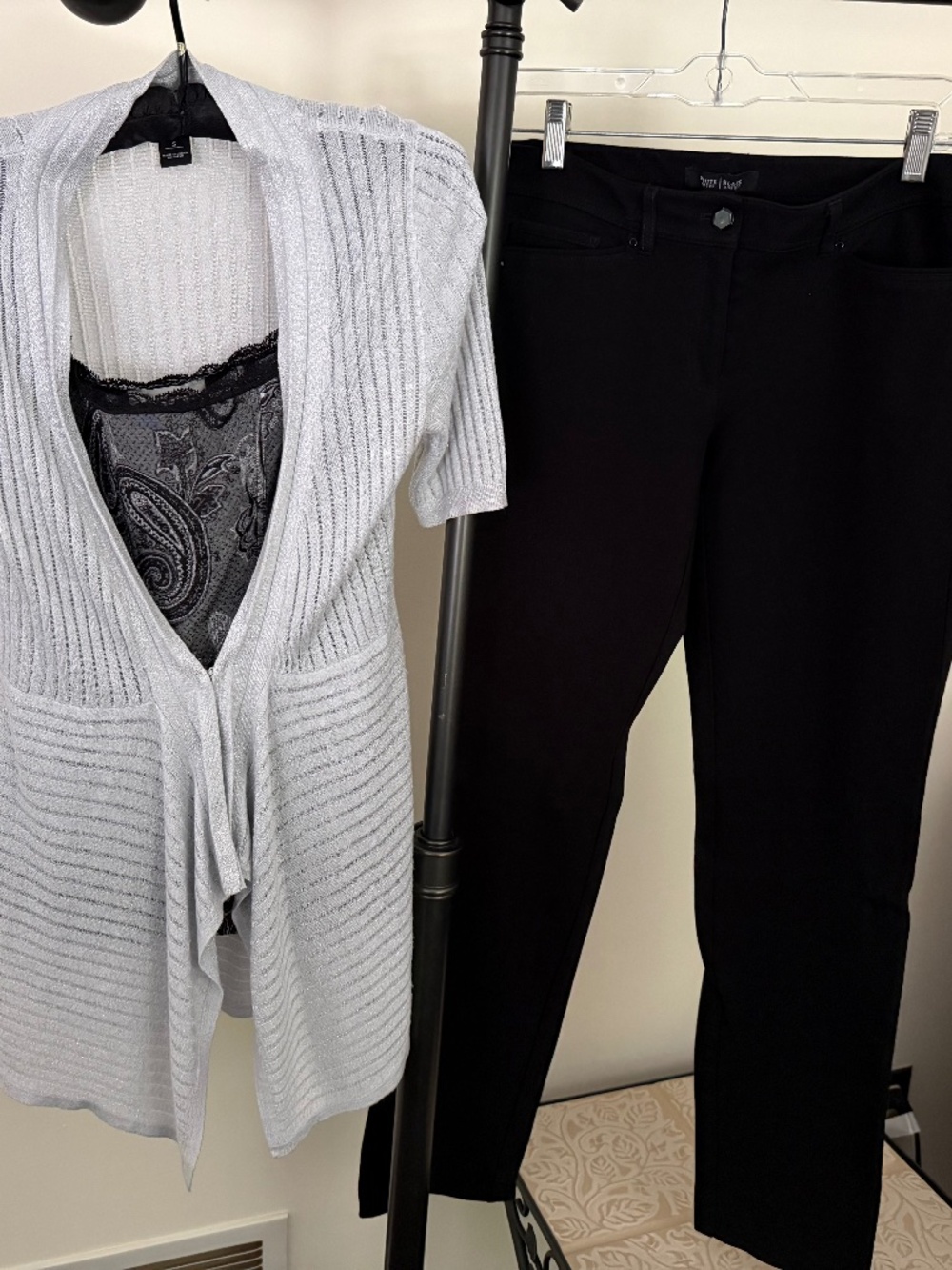 3-PC Chic Set: Ribbed Duster Cardigan, Lace Cami & Black Dress Pants